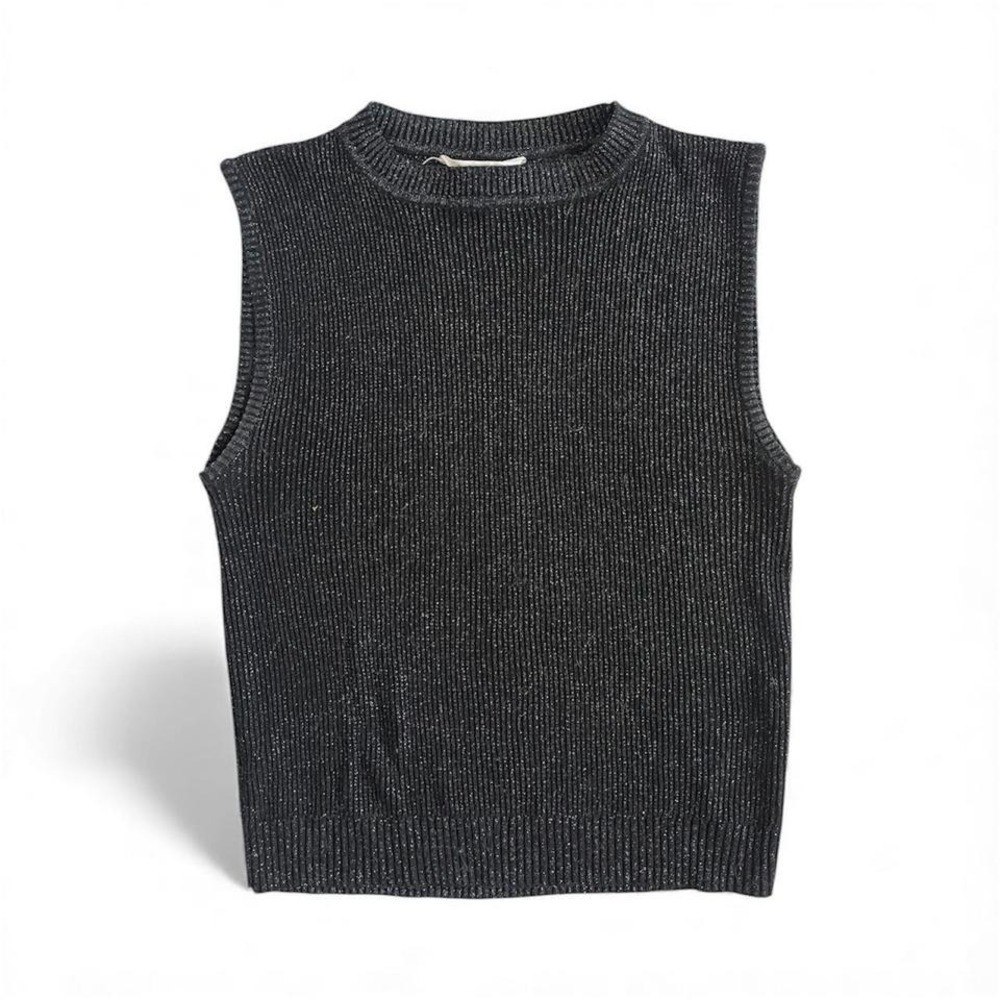 Black Metallic Ribbed Knit Sweater Vest Sleeveless Top size M by Primark